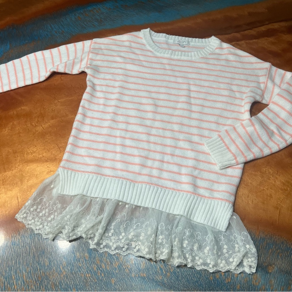 Delia’s Striped Sweater Lace Hem detail white pink XS
